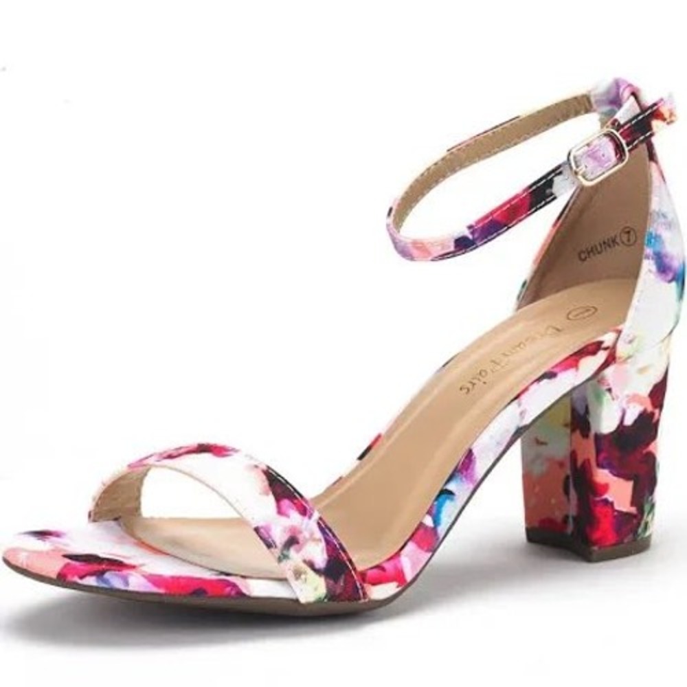 Dream Pairs Chunk Floral Print Ankle Strap Block Heel, Multi Color Womens 9